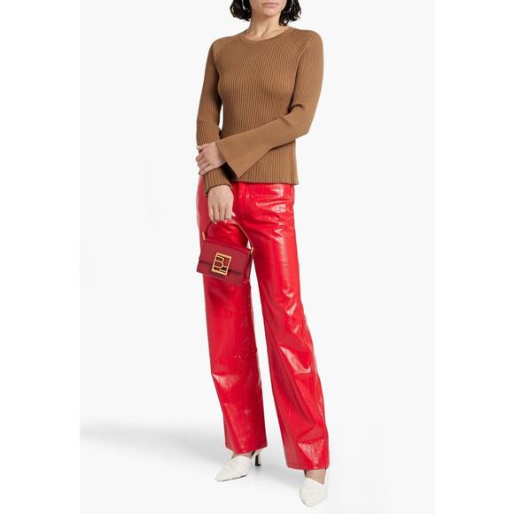 DIANE VON FURSTENBERG Ribbed Knit Sweater Womens Small Camel Brown Bell Sleeve - Picture 1 of 16